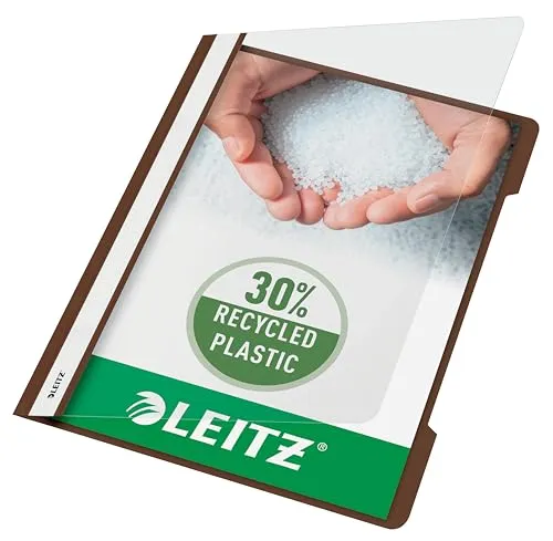 Leitz A4 Standard Schnellhefter, 25er Pack, Braun, 41910075 - Praktischer Schnellhefter für A4-Dokumente, hergestellt aus 30 % recyceltem Kunststoff. Ideal für Schule, Haushalt oder Büro mit einem Fassungsvermögen von 60 Blättern und klarem Umschlag zur einfachen Identifizierung.