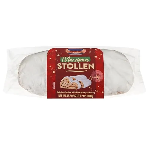 KuchenMeister Edel Marzipan Stollen 1000 g | Saftiger Stollen mit Rosinen, kandierten Früchten und einem Kern auf Marzipan | 1 x 1kg