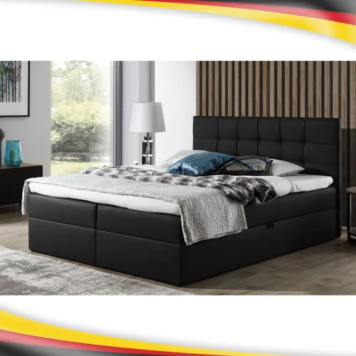 Boxspringbett Doppelbett LEO – 140x200cm Bett mit Bonellmatratze, Kunstleder, Bettkasten (Shwarz)