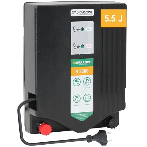 Agrarzone N3500 Weidezaungerät 230V, 5,5 Joule - Extra starkes Elektrozaun Gerät 11.000V - LED-Kontrolle - Hohe Hütesicherheit für Pferde, Rinder, Schafzaun, Weidezaun