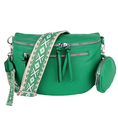 MIRROSI® Bauchtasche Damen aus Veganleder - Bohemian Style (Grassgrün) - Mode-Hüfttaschen mit verstellbaren Schulterriemen und stylischem Bohemian Design, ideal für einen trendigen Look und praktische Handhabung.