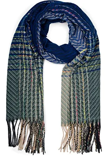 styleBREAKER Damen Feinstrick Schal mit bunt gestreiftem Zick-Zack Muster und Fransen, warme Winter Stola mehrfarbig 01017149, Farbe:Royalblau-Jadegrün