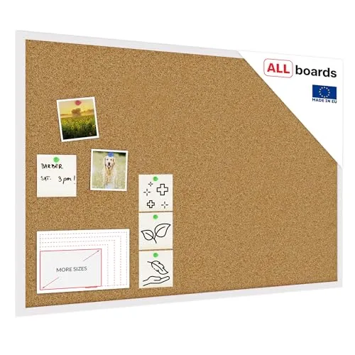 ALLboards Pinnwand mit Weißem Holz Rahmen 90x60cm - Hochwertige Pinnwand aus selbstheilendem Kork, ideal für Büros und Wohnungen. Einfach zu montieren, universell einsetzbar und im eleganten Design.
