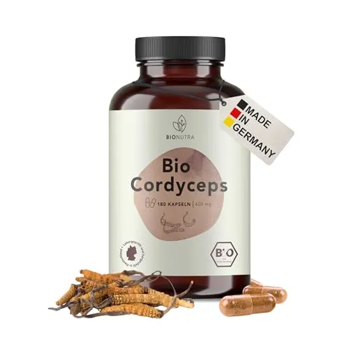 BIONUTRA© Bio Cordyceps Kapseln, 180 Stück à 600 mg hochdosiert, vegan & ohne Zusätze, Rückstandskontrolliert, Deutsche Herstellung aus Vitalpilz Bio Cordyceps sinesis CS-4