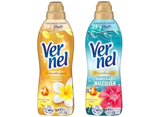 VERNEL Weichspüler-Set 2x 37 Waschladungen (74WL) Aromatherapie 1x Sinnliche Frangipani & 1x Zauberhafte Malediven, langanhaltender Wäscheduft mit ätherischen Ölen für 24/7 Frische