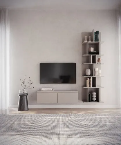 Selsey TV-Schrank BEMMI - Minimalistisches Hängendes TV-Möbel in Greige - TV-Halterungen: Stilvolles Hängeschrank-Design mit klappbaren Fächern, ideal für platzsparende Wohnlösungen und einfach zu montieren.