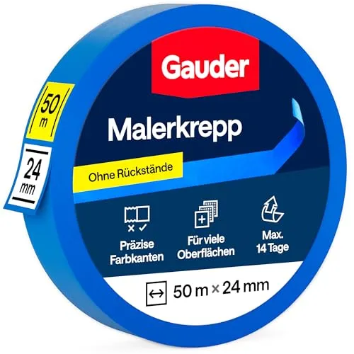 GAUDER Malerkrepp für präzise Farbkanten - Profi-Kreppband für Malerarbeiten - Malerband & Abdeckband blau - Abklebeband aus Washi-Papier (1 Rolle - 24 mm x 50 m)