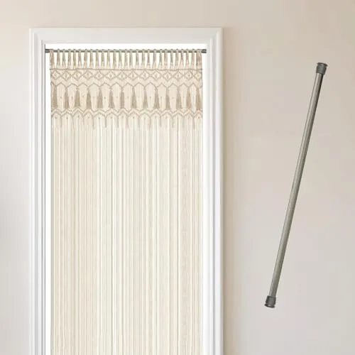 Cozyor Makramee Türvorhang 132x200cm + Klemmstange 70-120 cm ohne Bohren Türvorhang Fenstervorhang Raumtrenner, Wandbehang & Deko beige Silber, Hochzeit, Balkon Handmade