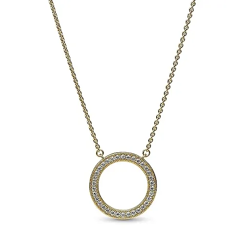 PANDORA Signature Pavé & Herzen Kreis-Anhänger Halskette aus Sterling Silber mit 14 Karat vergoldete Metalllegierung mit Zirkonia, Länge 45cm, 362735C01-45