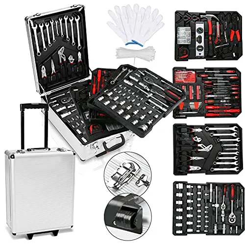 Lospitch Werkzeugkoffer 1031 teilig Alu Werkzeugkasten Werkzeugkiste gefüllt Set abschließbar Werkzeugtasche Werkzeug-Trolley 4 Ebenen Rollkoffer