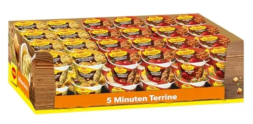Produktbild Maggi fünf Minuten Terrinen, Sortimentsbox, Leckere Fertiggerichte in 6 verschiedenen Geschmacksrichtungen, Im praktischen Becher, 48er Pack (48 Becher)