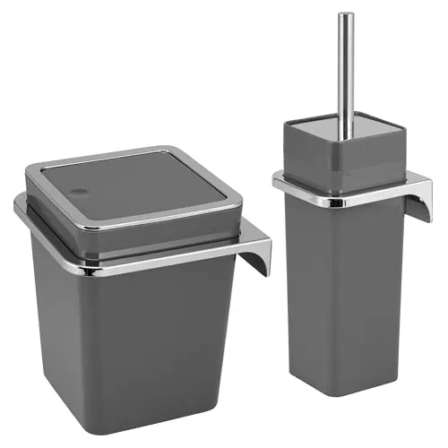 bremermann Badaccessoire-Set SAVONA grau - 2-tlg. Bad-Set aus Kunststoff, inkl. Wandhalterung für die WC-Garnitur – platzsparend und rückenschonend, ideal für ein stilvolles Badezimmer.