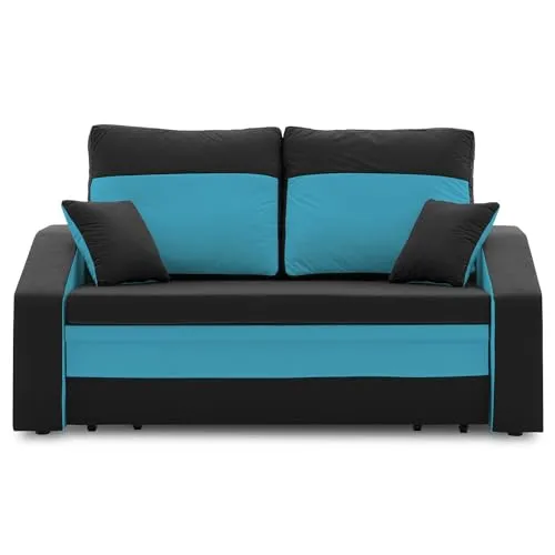 Sofa HEWLET PLUS - Schlafsofa mit Bettkasten in Schwarz & Türkisblau - Schlafsofa mit Schlaffunktion und praktischem Stauraum für Bettzeug, ideal für kleine Räume und Gästeübernachtungen.