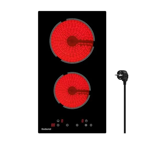 Gudsunal Kochfeld 2 Platten Glaskeramikkochfeld mit Stecker, 3000W, 9 Heizstufen, 1-99 Minuten Timer, Touch-Steuerung, Automatische Abschaltung, Kindersicherung,Schwarz