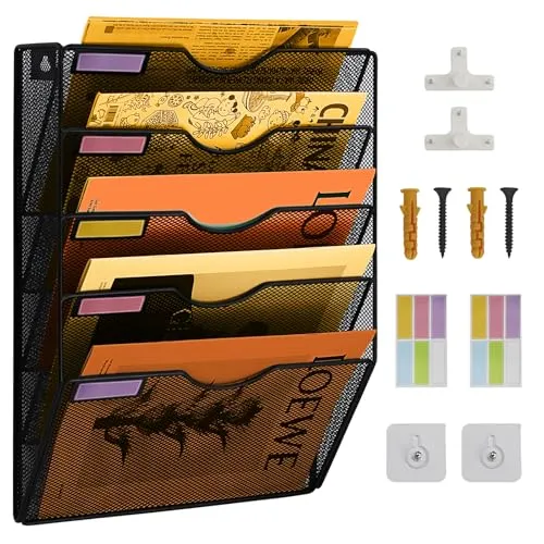 PLSOPPKG Hängeorganizer Wandablagefächer 5 Stöckiger Wandmontage Schreibtisch Organizer, A4 Zeitschriftenhalter Wand, Hängende Wandordner Dokumente Metall Büro Dokument Organizer für Zuhause