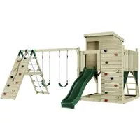 PolarPlay Spielturm Frida aus Holz in Grün - Schaukel & Spielturm aus hochwertigem Fichtenholz, einfach aufzubauen und sicher gemäß DIN EN 71. Ideal für ein optimales Spieleparadies im Garten.