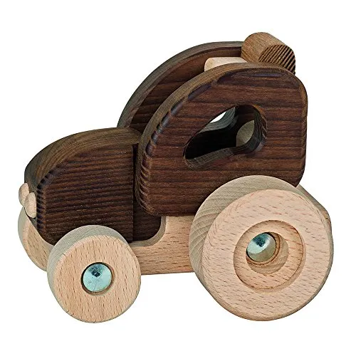 Goki 55911 Traktor mit Anhänger - Massivholz Spielzeug, kippbare Ladefläche und abnehmbarer Anhänger für kreatives Spielen