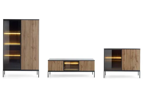 Wohnzimmer-Set 3-teilig Sento in Schwarz und Wotan Eiche - Modernes Wohnzimmer-Set mit griffloser Optik, LED-Beleuchtung und viel Stauraum – ideal für stilvolle Wohnräume.