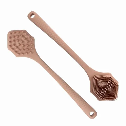PARSA Beauty Silikon-Badebürste mit Griff, Terracotta, Rückenbürste für Dusche & Bad, Körperbürste für sanfte Massage & Peeling, Hygienische Silikonbürste, Langer Stiel für Rücken, Manuelle Reinigung