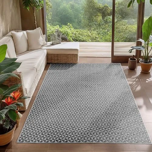 Carpetsale24 In- & Outdoor Teppich Grau 140x200 cm - Wetterfester Teppich im Boho-Stil, ideal für Küche, Balkon oder Wohnzimmer. UV-beständig und pflegeleicht, perfekt für drinnen und draußen.