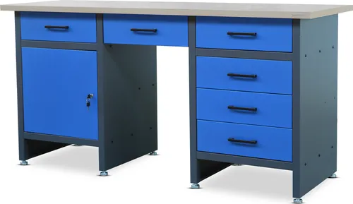 Werkbank FRANK mit 6 Schubladen und verstellbaren Füßen - Die FRANK Werkbank bietet eine robuste MDF-Arbeitsplatte und viel Stauraum mit 6 Schubladen. Ideal für präzises Arbeiten in Werkstätten oder der Garage, belastbar bis 500 kg.