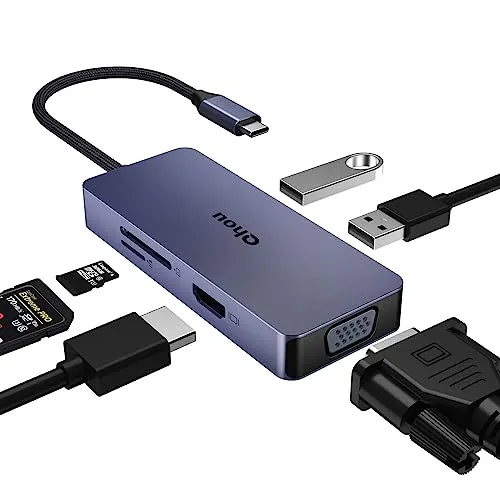 in 1 USB C Hub von Qhou mit 4K HDMI, VGA, 2 USB 2.0, SD/TF Kartenleser, USB C Adapter für MacBook Pro/Air, Dell, HP, Surface Pro 6