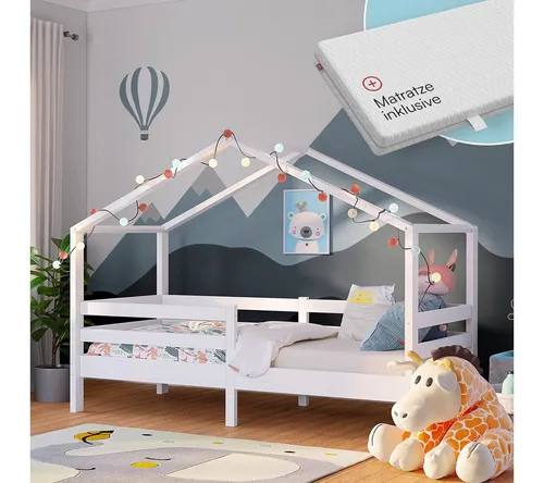 Bellabino Hausbett Abia mit Lattenrost und Rausfallschutz (weiß, mit Matratze), Kinderbett 90x200 cm, verfügbar in verschiedenen Ausführungen