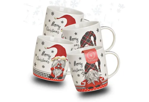 matches21 HOME & HOBBY Tasse Weihnachtstassen 4er Set lustige Wichtel rot grau weiß, 4-tlg., Porzellan, Schöne 350 ml Porzellan Kaffee-Tassen bunten Weihnachtsmotive
