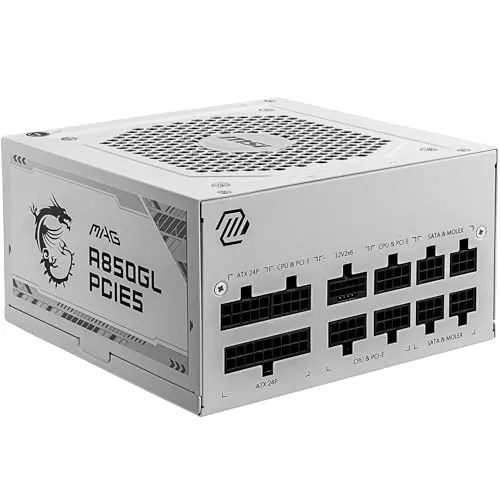 MSI MAG A850GL PCIE5 WHITE Netzteil - 850W, 80 Plus Gold, vollständig modular, unterstützt PCIe 5.0 GPUs mit bis zu 600 W Leistung
