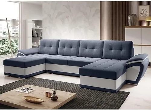 MODERNO Wohnlandschaft Sofa mit Schlaffunktion ENZO U - Sofa U-Form mit Bettkasten - Modern Ecksofa Schlafcouch - Steppsofa Zweifarbig - Dunkelblau-Weiß