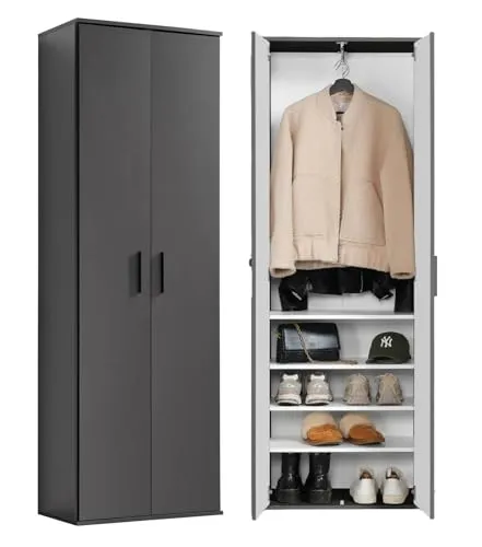 mokebo Mehrzweckschrank Der Lange (mit Kleiderstange) in Schwarz-Anthrazit - Garderobenschrank oder Aufbewahrungsschrank mit 4 variabel einsetzbaren Einlegeböden, ideal für platzsparende Organisation. 100% klimaneutrale Lieferung aus Deutschland.