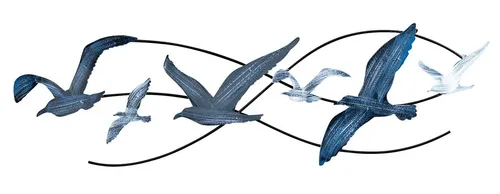 Levandeo® Wandbild, Wandbild Metall Möwen L60cm Blau Grau Creme Maritim Wanddeko