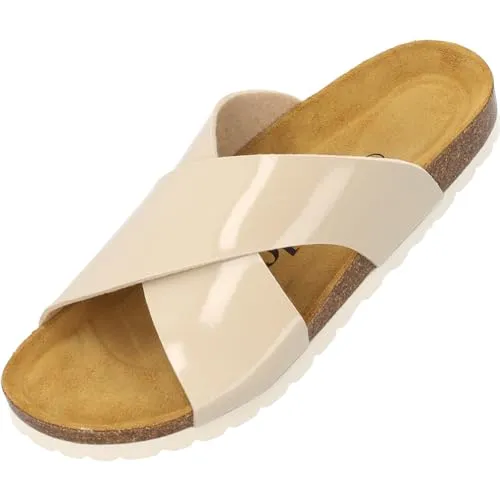 Palado Pantoletten Damen Rianel - bequeme Sandalen mit gekreuzten Riemen - Hausschuhe - modische Sommerschuhe Beige Lack UK7 - EU40
