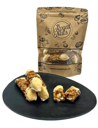 Royalnuts Karamell-Cannoli 12 Stück mit Mandelkrokant - Genießen Sie die süß-salzigen Karamell-Cannoli mit knuspriger Mandelkrokant-Hülle. Handgemacht in Italien, sind sie der perfekte Begleiter zu Kaffee oder als Dessert – ein unvergesslicher Genuss!