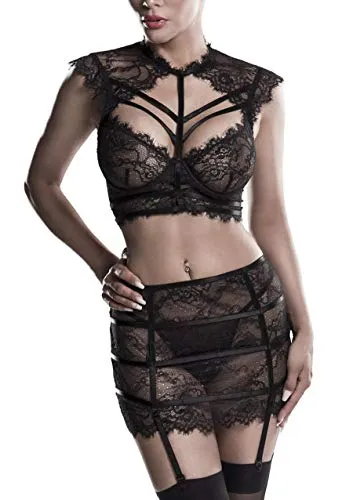 Frauen Unterwäsche Spitzen Dessous Set aus Bügel BH Top, Rock mit Strumpfhalter und Slip transparent schwarz L