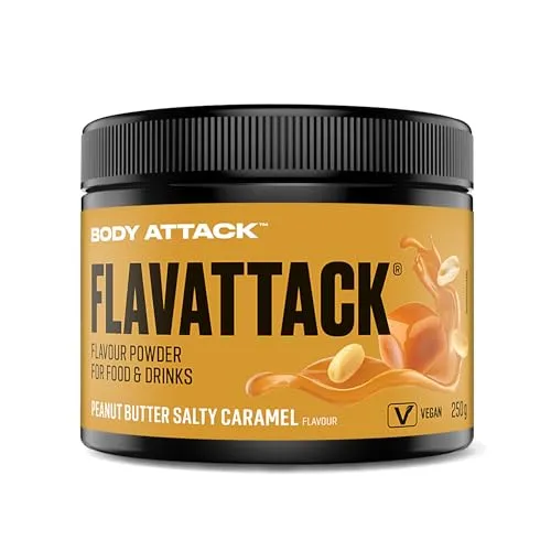 Body Attack Flavattack Peanut Butter Salty Caramel - 250 g, nur 5 kcal/Portion - Intensives Flavour Pulver für Müsli, Rice Pudding, Haferflocken, Drinks, Geschmackspulver ohne Palmöl, Aspartam, Gluten