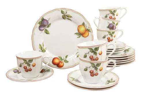 CreaTable Serie Flora Orchard 18-tlg. Kaffeeservice - Kaffeeservice aus hochwertigem Porzellan, spülmaschinen- und mikrowellengeeignet, mit elegantem Obstdekor und klassischer Manufakturform – ideal für stilvolle Kaffeetafeln.