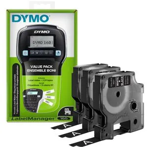 Dymo Beschriftungsgerät LM 160 Starter-Set - Drucker mit QWERTZ-Tastatur und 3 D1-Schriftbändern, ideal für mobile Etikettierung. Bis zu 12mm Bandbreite, 160 professionelle Lösungen und praktische Druckvorschau.