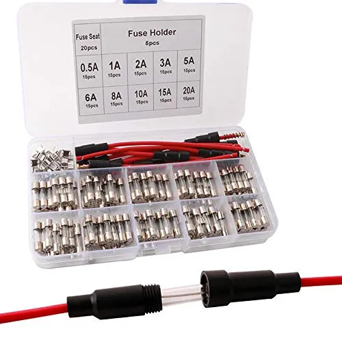 QitinDasen 150Pcs Professionell 5 X 20mm Auto Glasrohrsicherungen, Schnelle Schlag Glassicherung, Fast Schlag Glas Sicherungen, mit 20Pcs Sicherungssitz und 5Pcs AGC Sicherungshalter