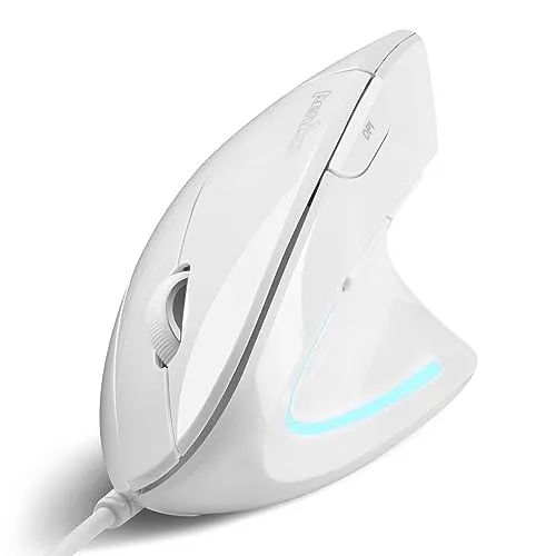 Perixx PERIMICE-513W Ergonomische Maus - Vertikale USB-Maus in Weiß mit 6 Tasten und einstellbarer DPI von 1000/1600, ideal für komfortables Arbeiten am Computer.