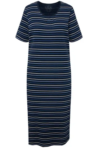 Ulla Popken Damen Nightgown - Modisches Ringelnachtkleid in Nachtblau - Nachthemden für Damen, bequem aus weichem Jersey mit atmungsaktiver Baumwolle und stylischem Kräusel-Design am Rundhalsausschnitt.