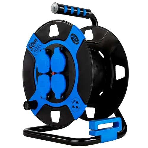 REV Kabeltrommel OHNE KABEL, IP44, Outdoor, 4 Schutzkontaktsteckdosen, kabellos, blau