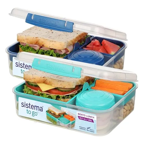 Sistema TO GO Bento-Box Cubes | 1,25 L | Brotdose für Pause mit Fächern und Snackbox | BPA-frei | 2 Stück | Minty Teal & Ocean Blue