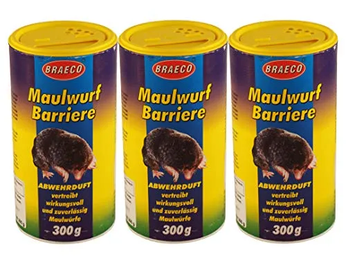 3x300g Maulwurf Barriere von BRAECO, Maulwurfabwehr, Abwehrduft gegen Maulwürfe, Maulwurfschutz, vertreibt wirkungsvoll und zuverlässig Maulwürfe