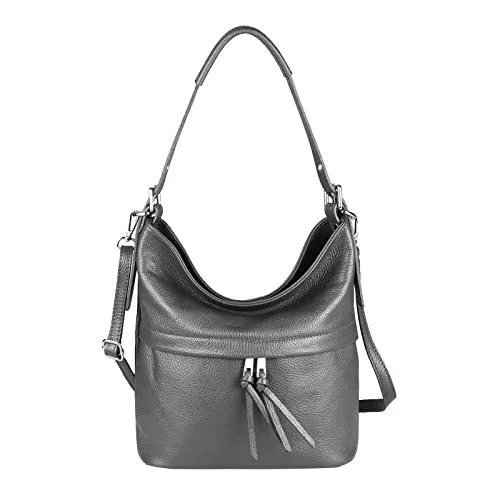 OBC Made in Italy Damen Echtleder Tasche Handtasche Cross Body Umhängetasche Ledertasche Schultertasche Beuteltasche Umhängetasche Cross-Over (Grau 30x27x14 cm)