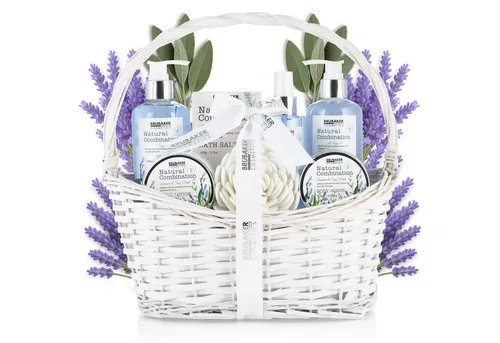 BRUBAKER Pflege-Geschenkset Bade- und Dusch Set für Frauen, 8-tlg. im Henkelkorb - Gesichtspflege-Set mit beruhigendem Lavendel- und erfrischendem Minzduft, perfekt zum Verschenken für jeden Anlass und zur Entspannung.