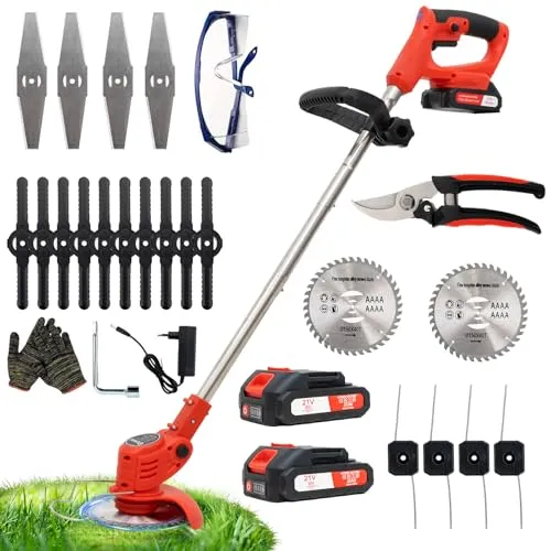 OUTIGO Akku Rasentrimmer mit Akku, Rasenkantenschneider mit 2 Akkus 21V und 4 Messertypen+1 Gartenschere, Verstellbarer Teleskop-Führungsholm Desbrozadoraeléctrico inalámbrico (Rot-FBA)