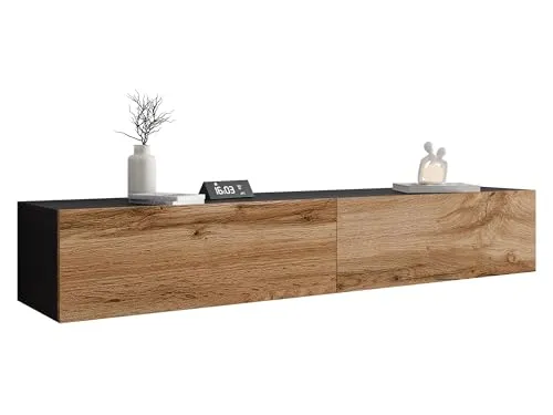 Mirjan24 TV Schrank Vigo, Fernsehschrank, TV Lowboard, Griffloses Öffnen, Hängeschrank, TV-Tisch (Länge: 180 cm, Schwarz/Eiche Wotan)