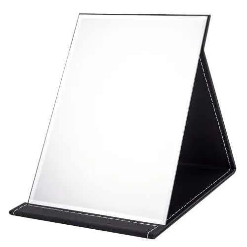 WISYOK Reisespiegel Klappbar, 21x15cm, Schwarz PU-Leder, Tischspiegel | Klappspiegel mit Mehrfach-Standwinkel, Super HD Schminkspiegel, Handspiegel, Spiegel Klein für Reisen, Zuhause, Make-up