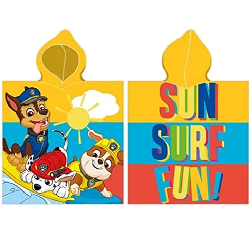 Paw Patrol Kinder Kapuzen Bade-Poncho Sun Surf Fun 55x110 cm 100% Baumwolle Veloursqualität Poncho Bademantel Badetuch Strandtuch Duschtuch Handtuch Pareo Chase Marshall Rocky Zuma Rubble Skye Ryder